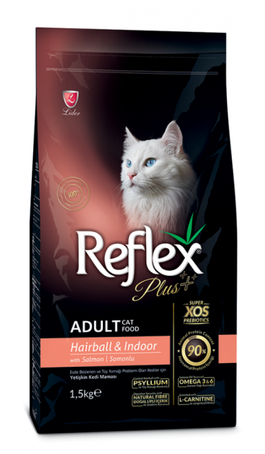 REFLEX PLUS EVDE BESLENEN & UZUN TÜYLÜ YETİŞKİN KEDİLER İÇİN SOMONLU KEDİ MAMASI 1.5 KG