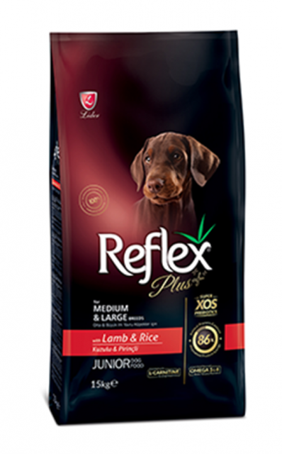 REFLEX PLUS ORTA VE BÜYÜK IRK YAVRU KÖPEKLER İÇİN KUZULU & PİRİNÇLİ KÖPEK MAMASI 15 KG