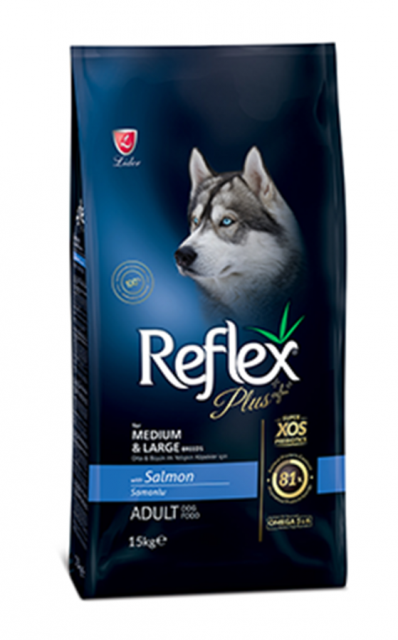 REFLEX PLUS ORTA VE BÜYÜK IRK YETİŞKİN KÖPEKLER İÇİN SOMONLU KÖPEK MAMASI 15 KG