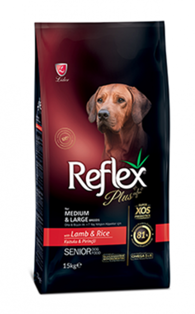 REFLEX PLUS ORTA VE BÜYÜK IRK YAŞLI KÖPEKLER İÇİN KUZULU & PİRİNÇLİ KÖPEK MAMASI 15 KG