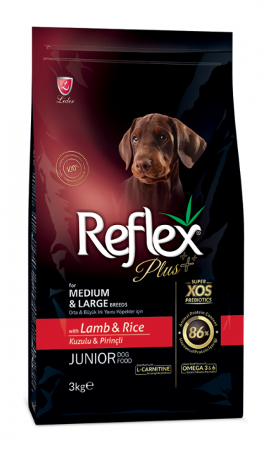 REFLEX PLUS ORTA VE BÜYÜK IRK YAVRU KÖPEKLER İÇİN KUZULU & PİRİNÇLİ KÖPEK MAMASI 3 KG