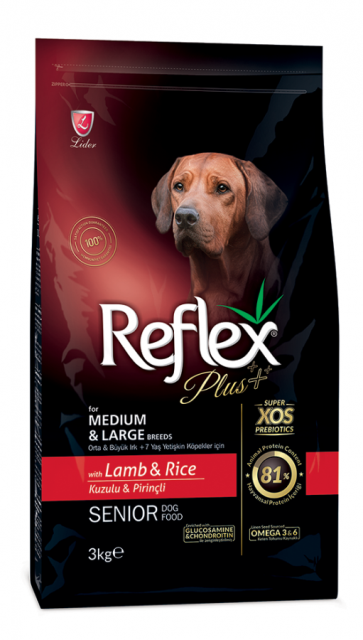 REFLEX PLUS ORTA VE BÜYÜK IRK YAŞLI KÖPEKLER İÇİN KUZULU & PİRİNÇLİ KÖPEK MAMASI 3 KG