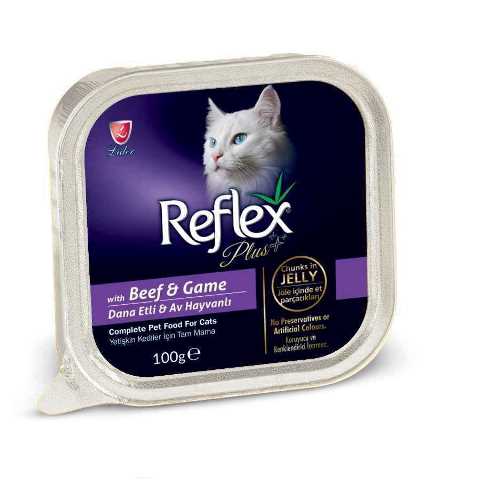 REFLEX PLUS YETİŞKİN KEDİLER İÇİN ALÜMİNYUM KASEDE DANA ETLİ & AV HAYVANLI JÖLE İÇİNDE ET 100 G