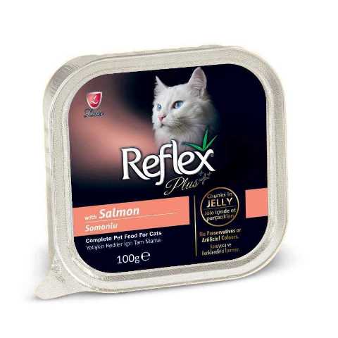 REFLEX PLUS YETİŞKİN KEDİLER İÇİN ALÜMİNYUM KASEDE SOMONLU JÖLE İÇİNDE ET PARÇACIKLARI 100 G