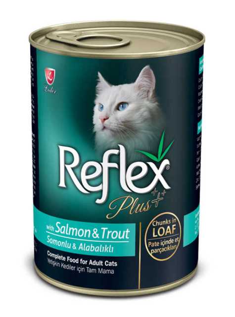 REFLEX PLUS YETİŞKİN KEDİLER İÇİN SOMONLU & ALABALIKLI PATE İÇİNDE ET PARÇACIKLARI 400 G