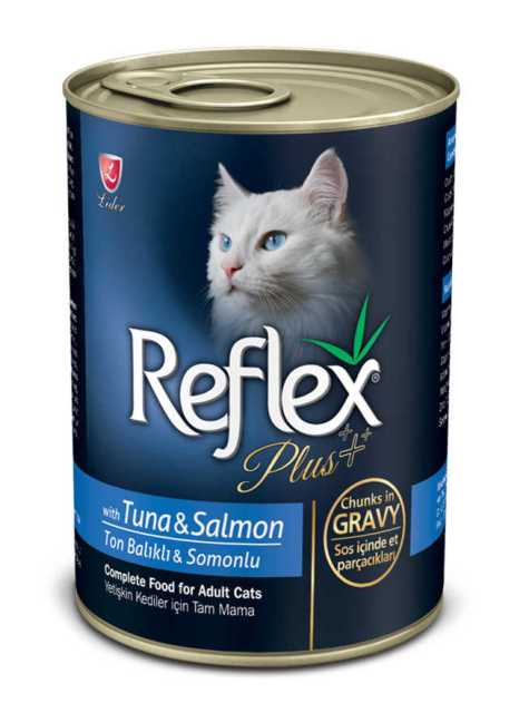 REFLEX PLUS YETİŞKİN KEDİLER İÇİN TON BALIKLI & SOMONLU SOS İÇİNDE ET PARÇACIKLARI 400 G