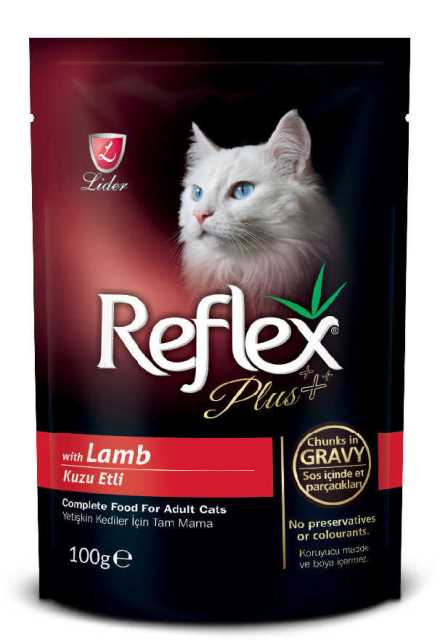 REFLEX PLUS YETİŞKİN KEDİLER İÇİN KUZU ETLİ SOS İÇİNDE ET PARÇACIKLARI 100 G