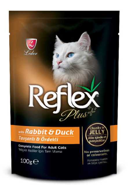 REFLEX PLUS YETİŞKİN KEDİLER İÇİN TAVŞANLI & ÖRDEKLİ JÖLE İÇİNDE ET PARÇACIKLARI 100 G