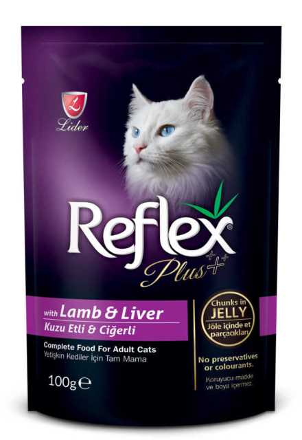 REFLEX PLUS YETİŞKİN KEDİLER İÇİN KUZU ETLİ & CİĞERLİ JÖLE İÇİNDE ET PARÇACIKLARI 100 G