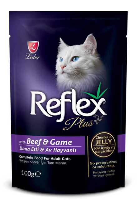 REFLEX PLUS YETİŞKİN KEDİLER İÇİN DANA ETLİ & AV HAYVANLI JÖLE İÇİNDE ET PARÇACIKLARI 100 G