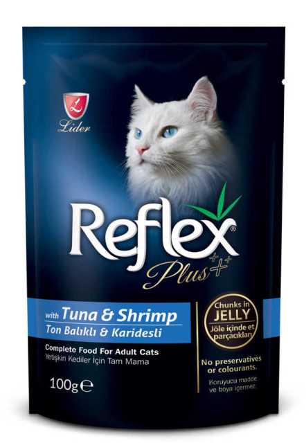 REFLEX PLUS YETİŞKİN KEDİLER İÇİN TON BALIKLI & KARİDESLİ JÖLE İÇİNDE ET PARÇACIKLI 100 G