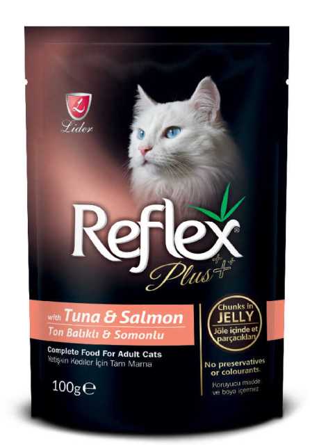 REFLEX PLUS YETİŞKİN KEDİLER İÇİN TON BALIKLI & SOMONLU JÖLE İÇİNDE ET PARÇACIKLARI 100 G