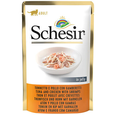 Schesir Pouch Jelly Ton Balıklı Tavuk ve Karidesli Kıyılmış Kedi Yaş Maması 85 Gr